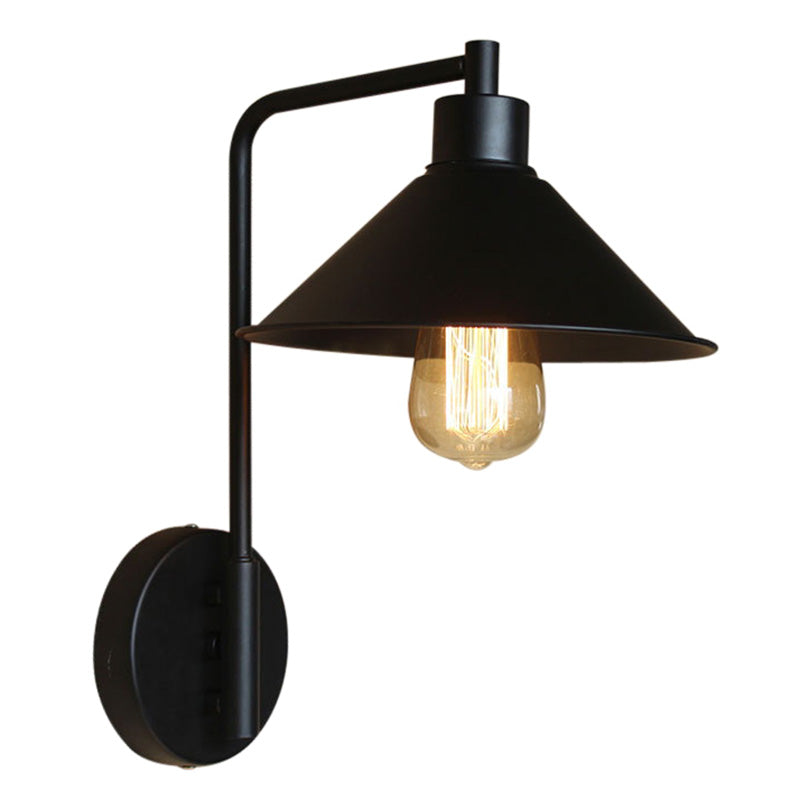 Sikunuo | Conical Nightstand Reading Light Retro Metal 1-Light Black Wall-Mounted Lamp with Beveled Edge