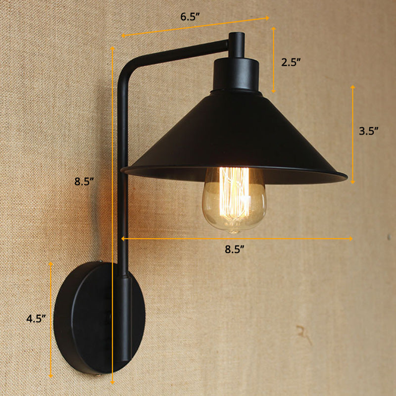 Sikunuo | Conical Nightstand Reading Light Retro Metal 1-Light Black Wall-Mounted Lamp with Beveled Edge