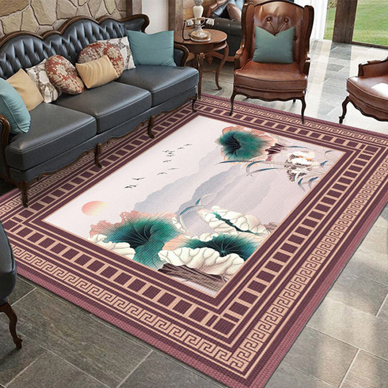 Sikunuo | Asian Living Room Rug Multicolored Flower Pattern Printed Rug Indoor Synthetic Non-Slip Back Easy Care Rug