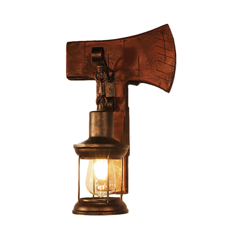 Sikunuo | Rust One-Light Wall Light Coastal Clear Glass Lantern Lighting Fixture with Wood Back Plate