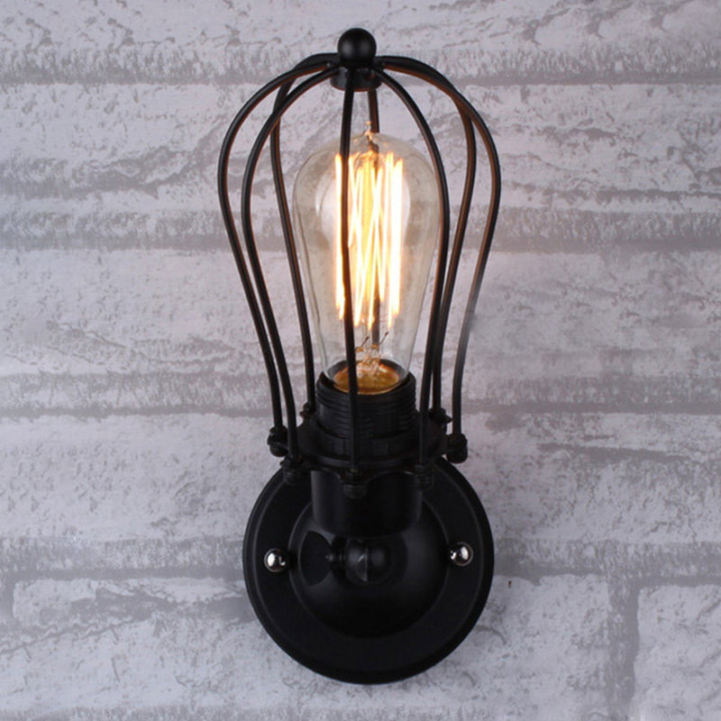Sikunuo | Pear-shaped cage iron wall lamp industrial bedroom adjustable reading wall light in black