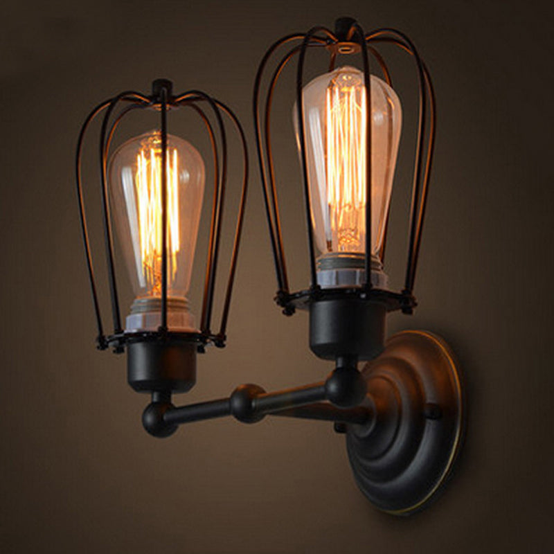 Sikunuo | Pear-shaped cage iron wall lamp industrial bedroom adjustable reading wall light in black