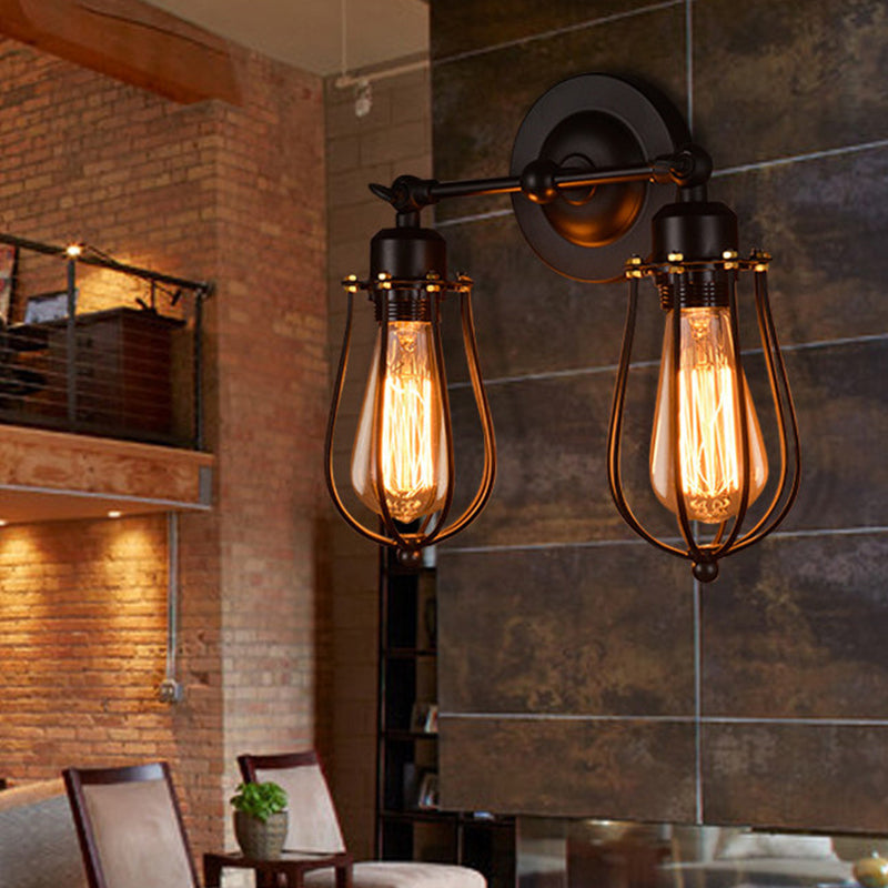 Sikunuo | Pear-shaped cage iron wall lamp industrial bedroom adjustable reading wall light in black