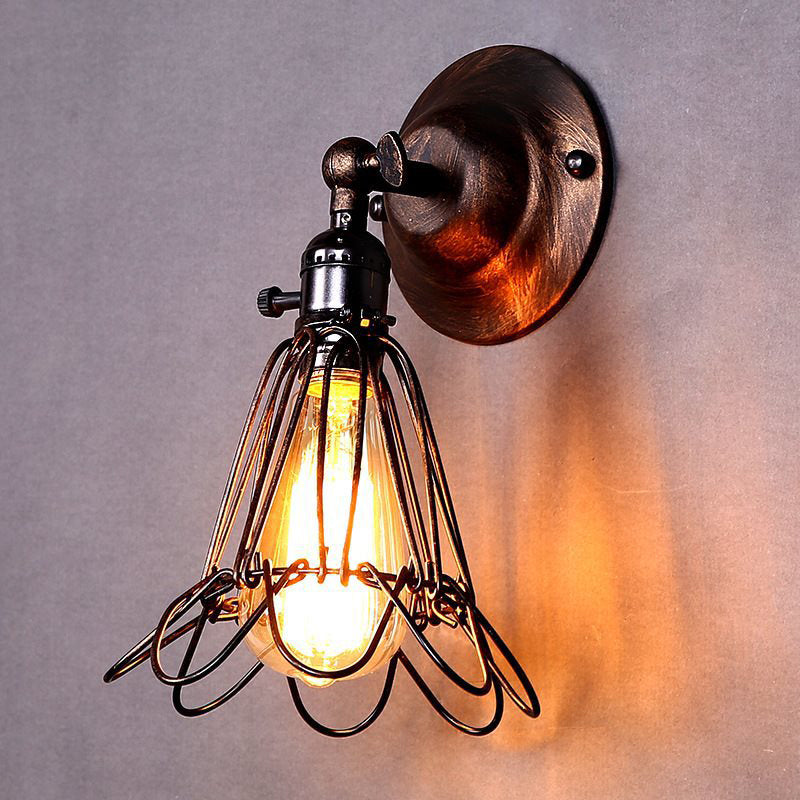 Sikunuo | Rotatable Bronze 1-Light Wall Lamp Industrial Iron Cage Style Flower Wall Mount Light for Bar