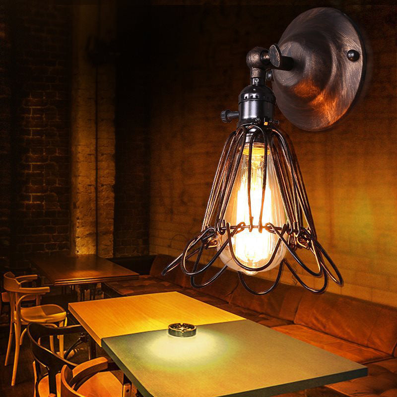 Sikunuo | Rotatable Bronze 1-Light Wall Lamp Industrial Iron Cage Style Flower Wall Mount Light for Bar