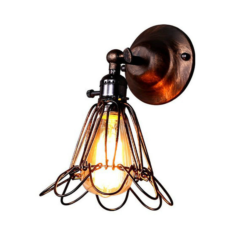 Sikunuo | Rotatable Bronze 1-Light Wall Lamp Industrial Iron Cage Style Flower Wall Mount Light for Bar