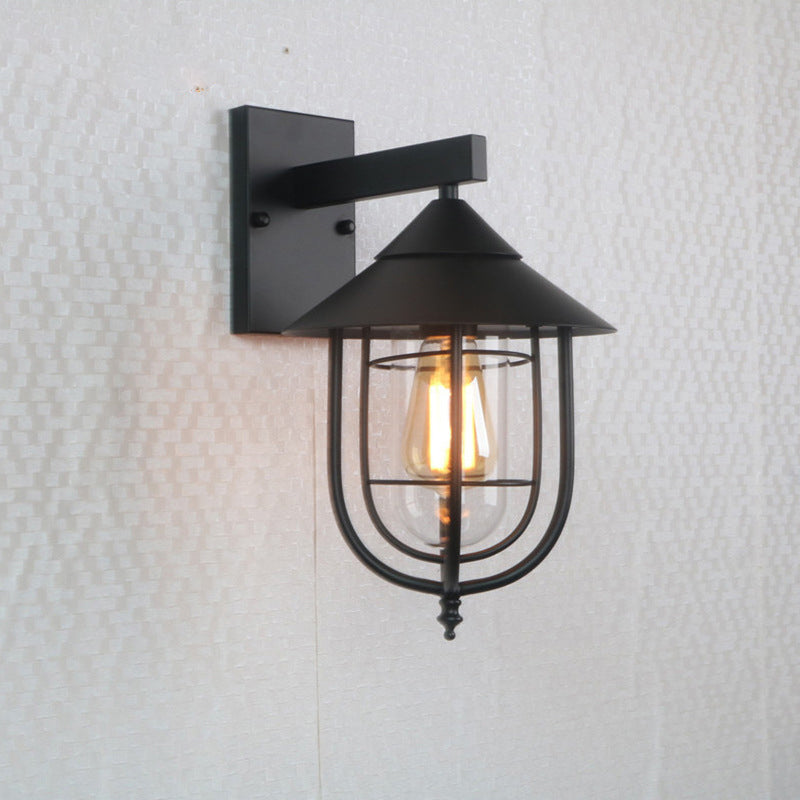 Sikunuo | Half-Capsule Cage Gang Wall Lamp Rustic Metal Single Black Wall Lamp with Conical Top