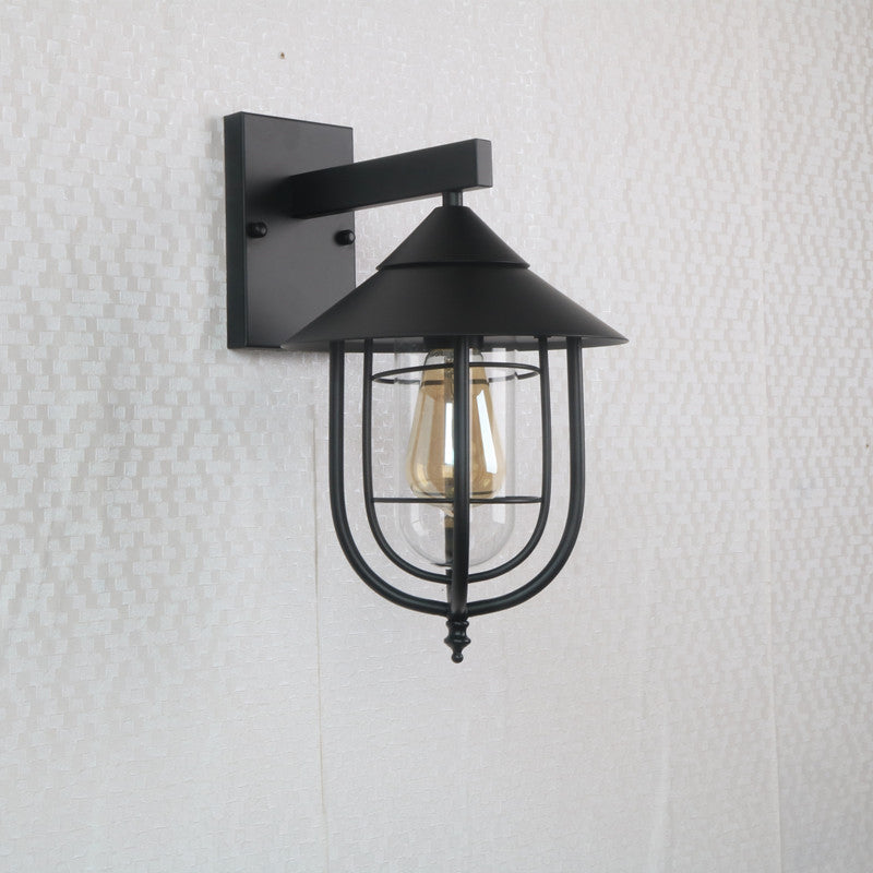 Sikunuo | Half-Capsule Cage Gang Wall Lamp Rustic Metal Single Black Wall Lamp with Conical Top