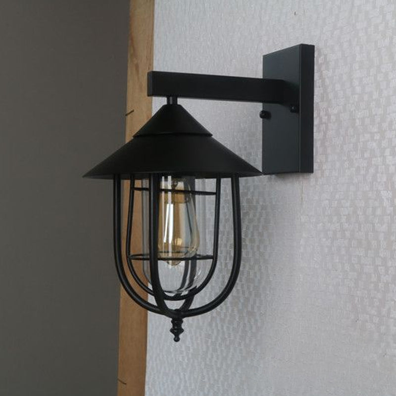 Sikunuo | Half-Capsule Cage Gang Wall Lamp Rustic Metal Single Black Wall Lamp with Conical Top