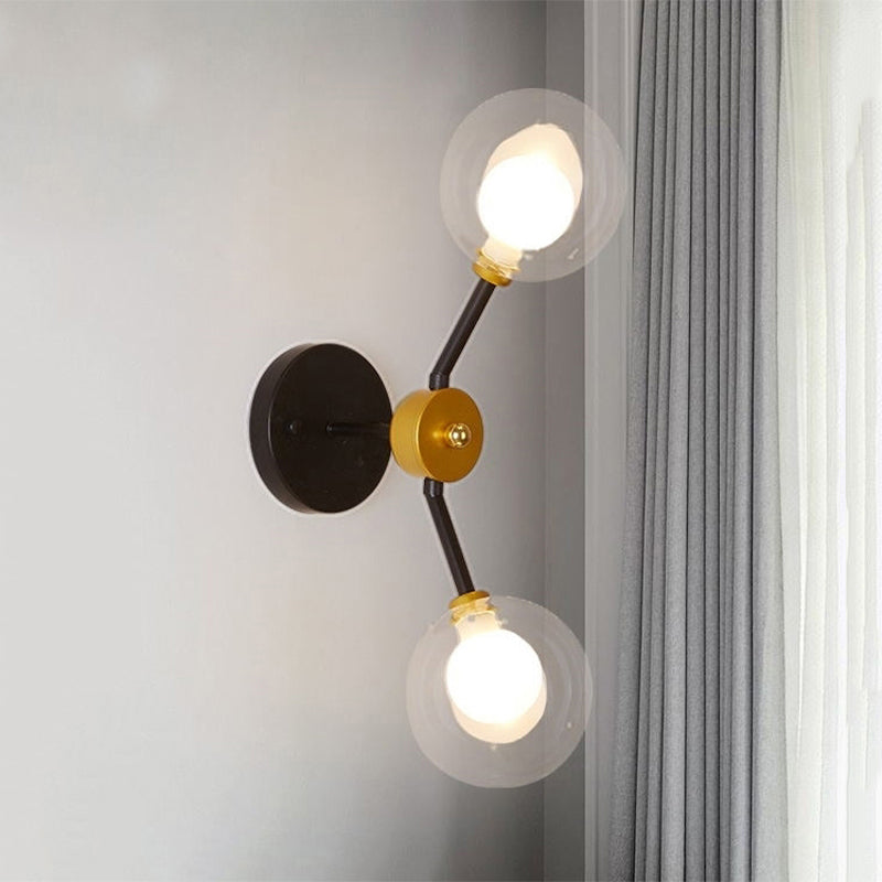 Sikunuo | 2 Light Bedroom Wall Light with Global Clear Glass Shade Modern Black LED Wall Mounted Light