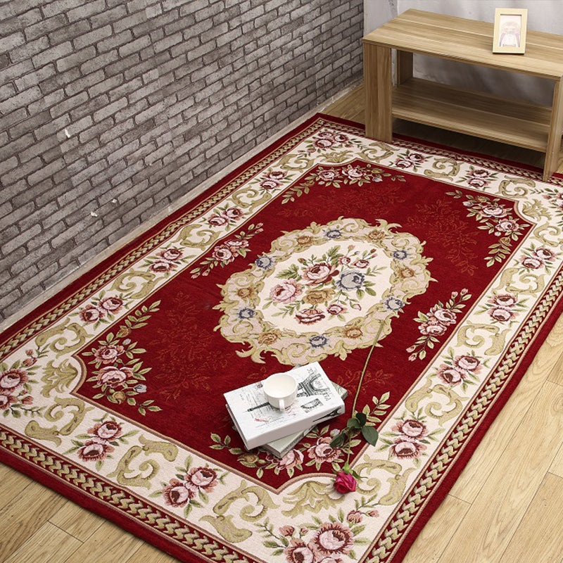 Sikunuo | Antique Living Room Rug Multicolor Flower Printed Area Rug Polyester Non-Slip Back Easy Care Indoor Rug