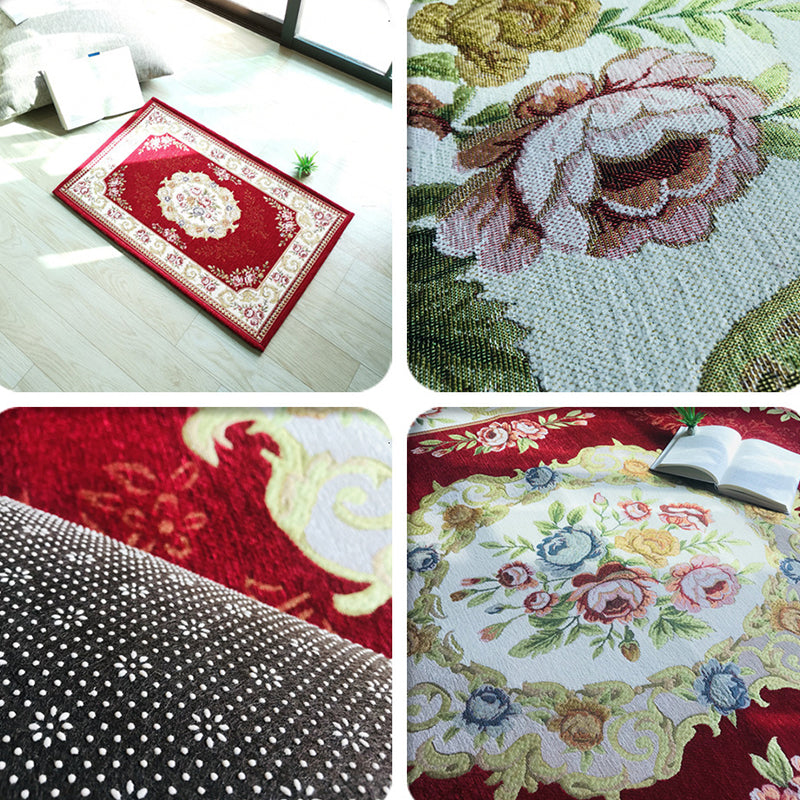 Sikunuo | Antique Living Room Rug Multicolor Flower Printed Area Rug Polyester Non-Slip Back Easy Care Indoor Rug
