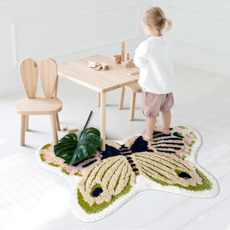 Sikunuo | Yellow Scandinavian Rug Polyester Butterfly Print Indoor Rug Non-Slip Backing Pet Friendly Easy Care Area Rug for Decoration