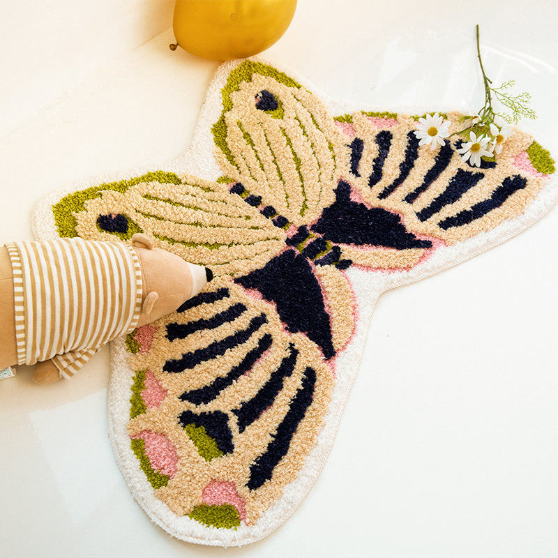 Sikunuo | Yellow Scandinavian Rug Polyester Butterfly Print Indoor Rug Non-Slip Backing Pet Friendly Easy Care Area Rug for Decoration