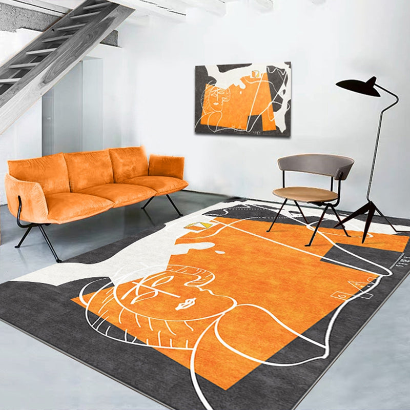 Sikunuo | Orange decorative carpet Scandinavian hand-printed report carpet Polyester non-slip backing easy-care living room carpet