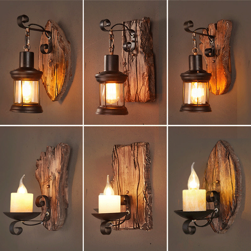 Sikunuo | Wooden Brown Wall Lamp Geometrically Designed Country Style Wall Sconce for Hallway