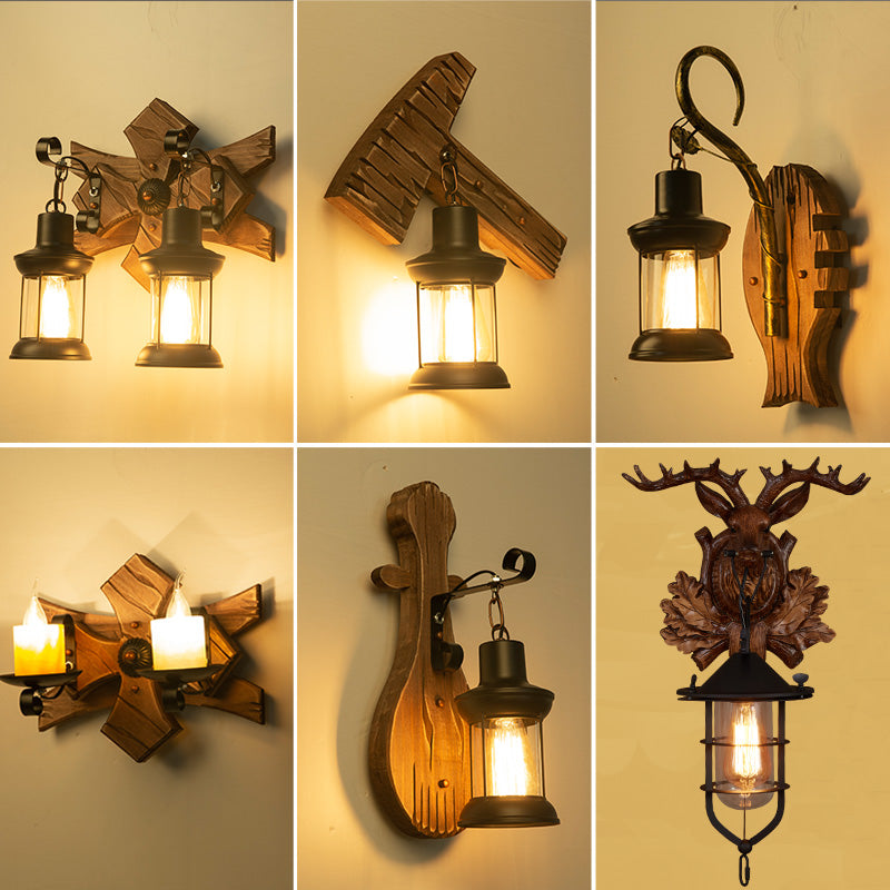 Sikunuo | Wooden Brown Wall Lamp Geometrically Designed Country Style Wall Sconce for Hallway