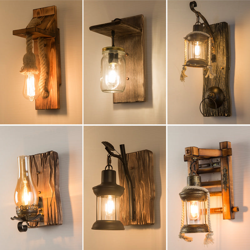 Sikunuo | Wooden Brown Wall Lamp Geometrically Designed Country Style Wall Sconce for Hallway