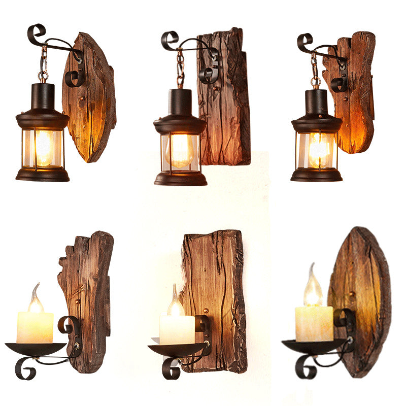 Sikunuo | Wooden Brown Wall Lamp Geometrically Designed Country Style Wall Sconce for Hallway