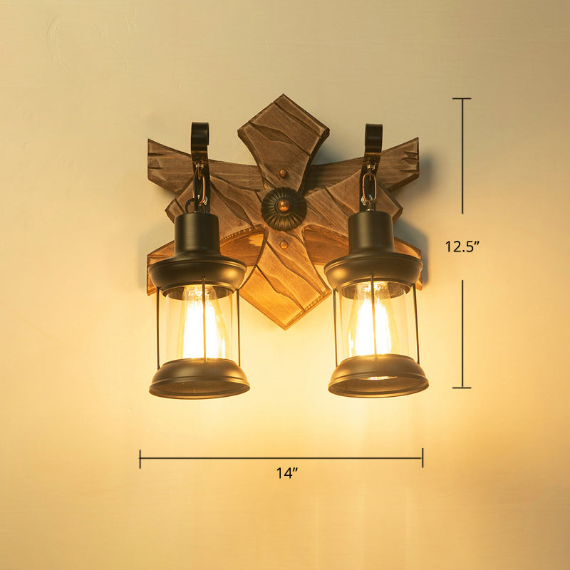 Sikunuo | Wooden Brown Wall Lamp Geometrically Designed Country Style Wall Sconce for Hallway