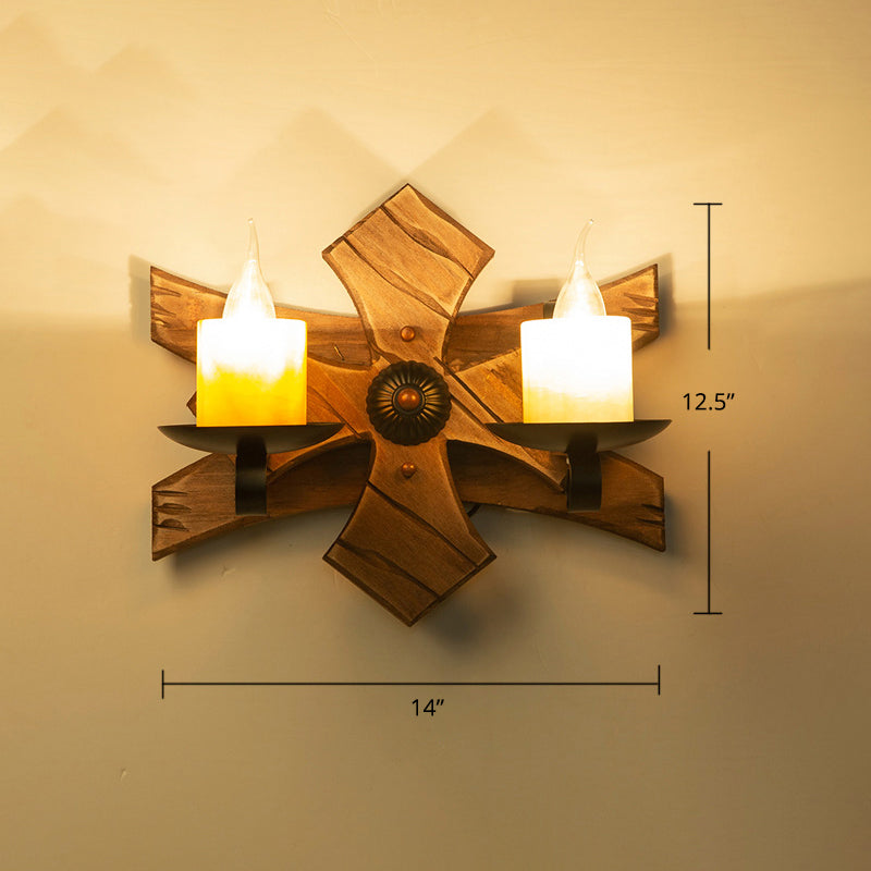 Sikunuo | Wooden Brown Wall Lamp Geometrically Designed Country Style Wall Sconce for Hallway