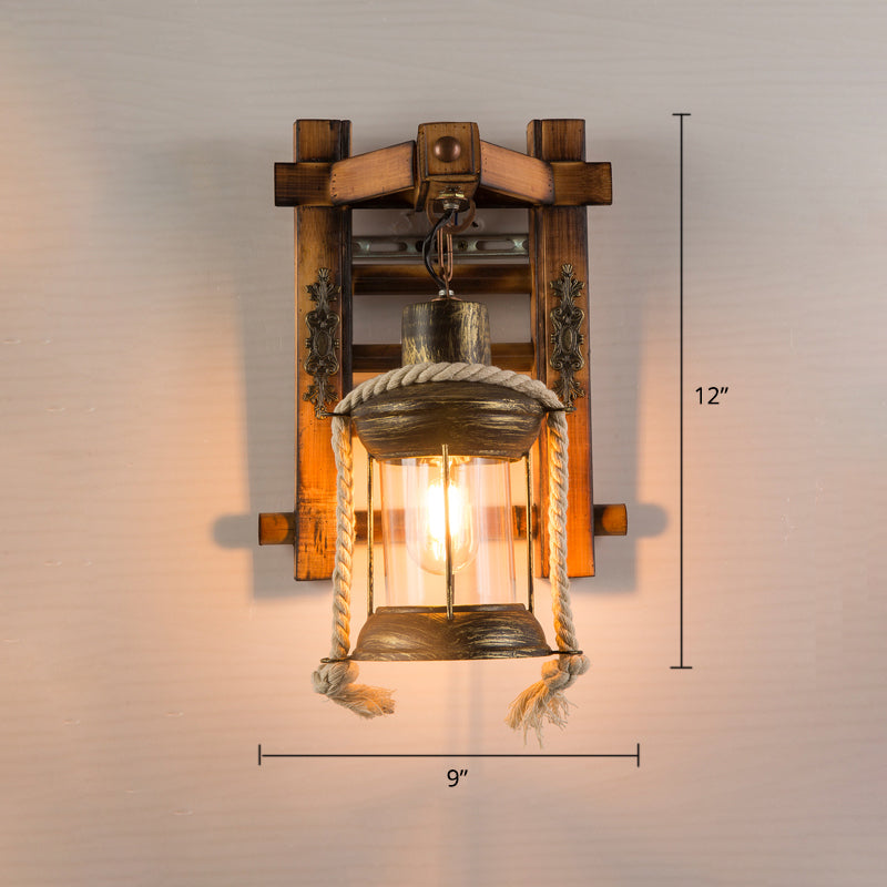 Sikunuo | Wooden Brown Wall Lamp Geometrically Designed Country Style Wall Sconce for Hallway