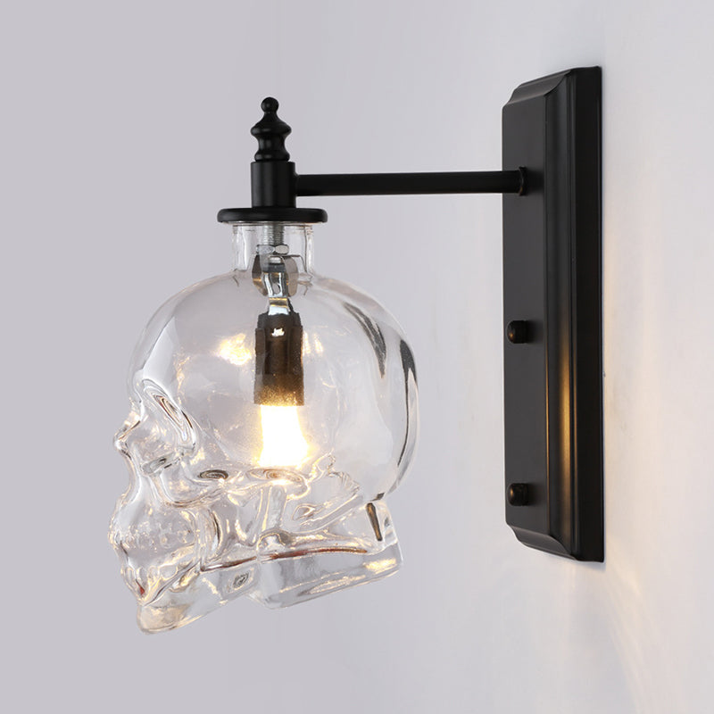 Sikunuo | Clear Glass Skull Wall Light Art Deco 1 Head Black Wall Lamp for Bedroom