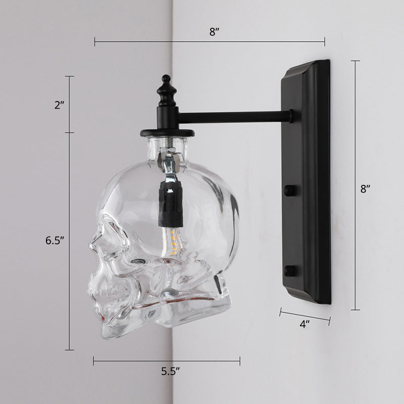 Sikunuo | Clear Glass Skull Wall Light Art Deco 1 Head Black Wall Lamp for Bedroom