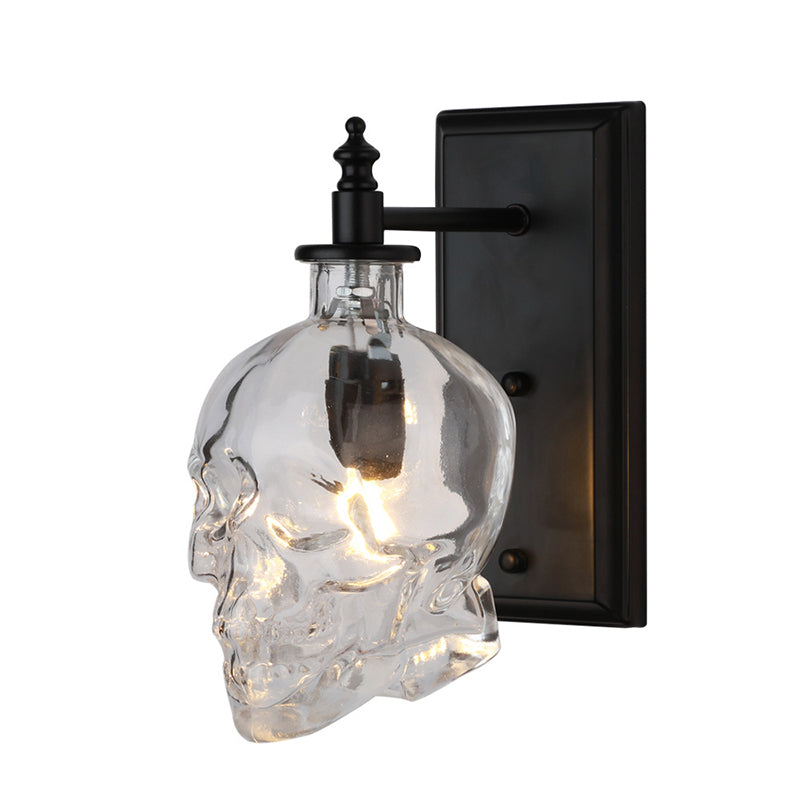 Sikunuo | Clear Glass Skull Wall Light Art Deco 1 Head Black Wall Lamp for Bedroom