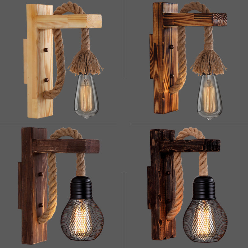 Sikunuo | Wooden L-shaped Wall Support Lantern Farmhouse 1 Lamp Bedroom Wall Lamp with Rope Arm