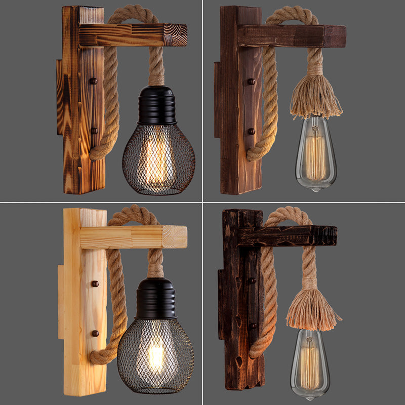 Sikunuo | Wooden L-shaped Wall Support Lantern Farmhouse 1 Lamp Bedroom Wall Lamp with Rope Arm