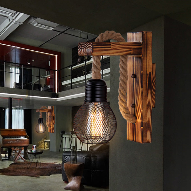 Sikunuo | Wooden L-shaped Wall Support Lantern Farmhouse 1 Lamp Bedroom Wall Lamp with Rope Arm