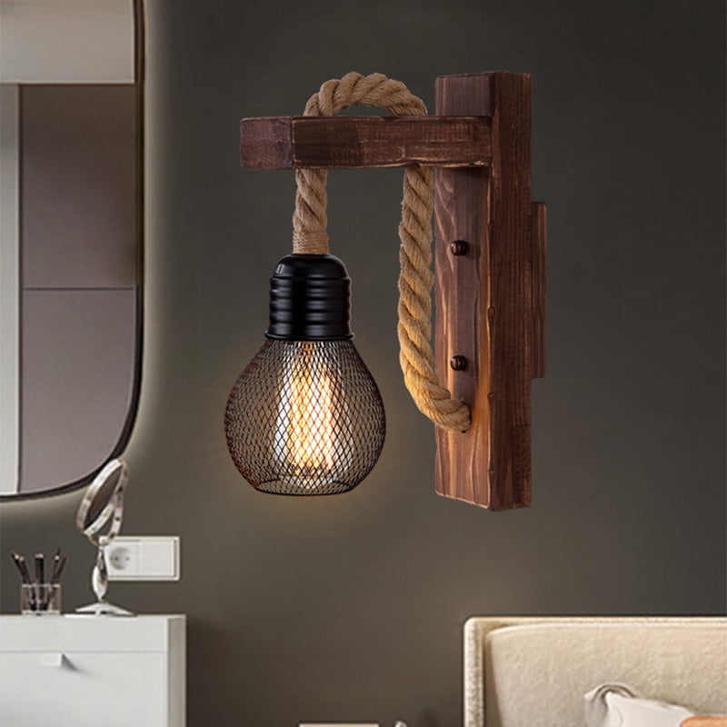 Sikunuo | Wooden L-shaped Wall Support Lantern Farmhouse 1 Lamp Bedroom Wall Lamp with Rope Arm