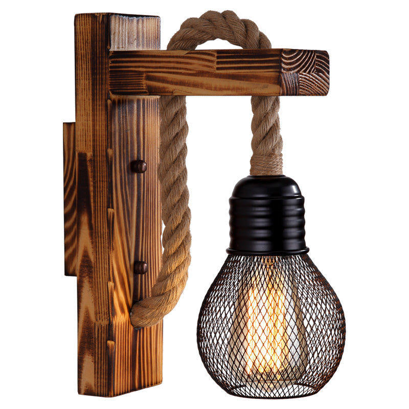 Sikunuo | Wooden L-shaped Wall Support Lantern Farmhouse 1 Lamp Bedroom Wall Lamp with Rope Arm