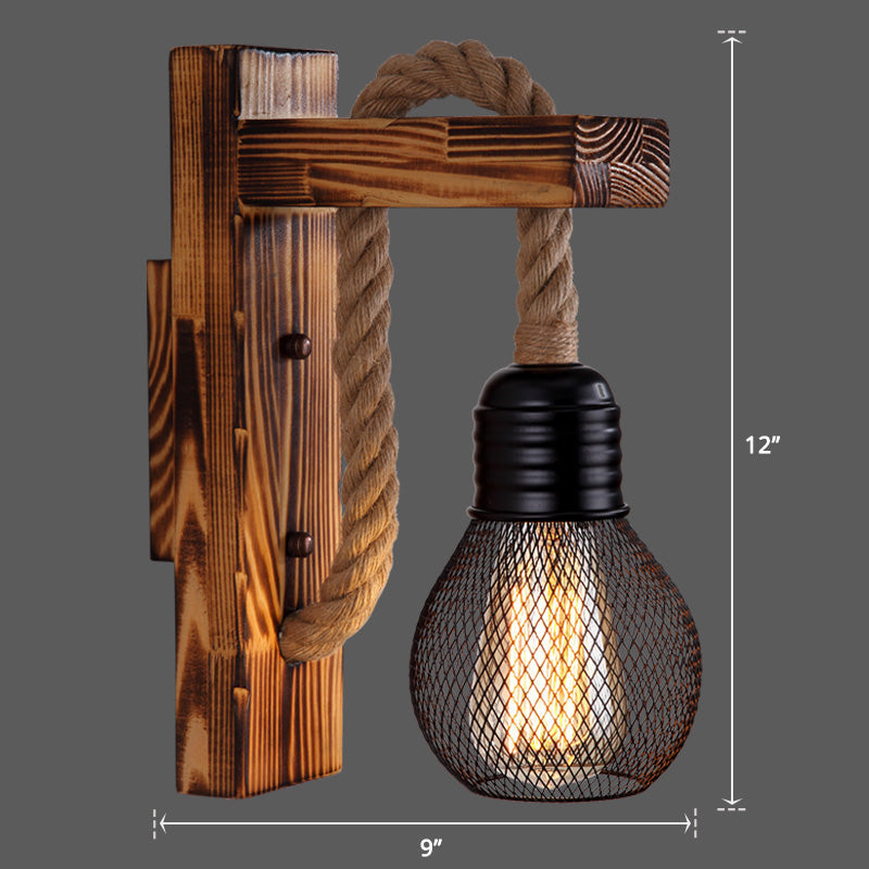 Sikunuo | Wooden L-shaped Wall Support Lantern Farmhouse 1 Lamp Bedroom Wall Lamp with Rope Arm