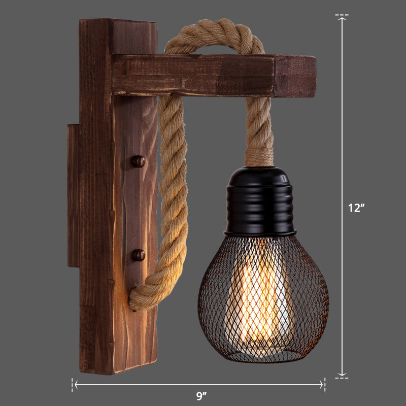 Sikunuo | Wooden L-shaped Wall Support Lantern Farmhouse 1 Lamp Bedroom Wall Lamp with Rope Arm
