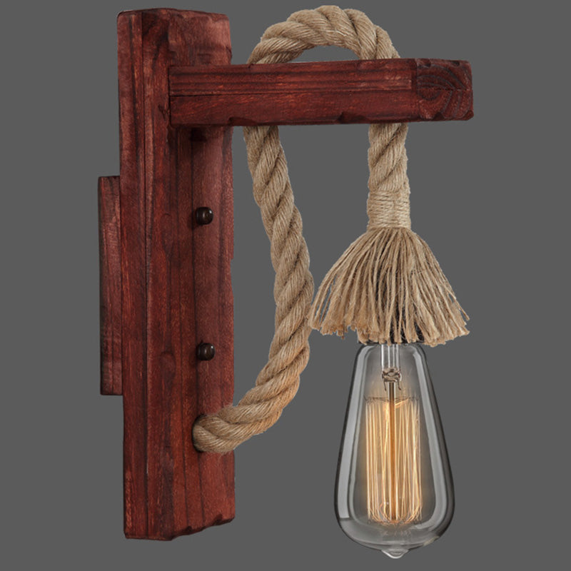 Sikunuo | Wooden L-shaped Wall Support Lantern Farmhouse 1 Lamp Bedroom Wall Lamp with Rope Arm