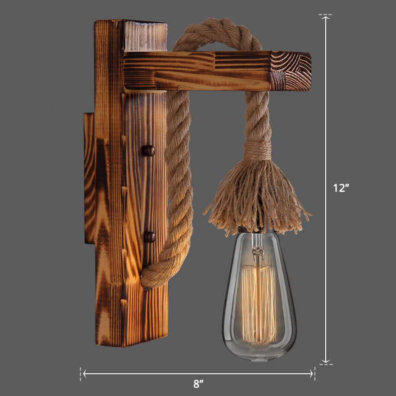 Sikunuo | Wooden L-shaped Wall Support Lantern Farmhouse 1 Lamp Bedroom Wall Lamp with Rope Arm