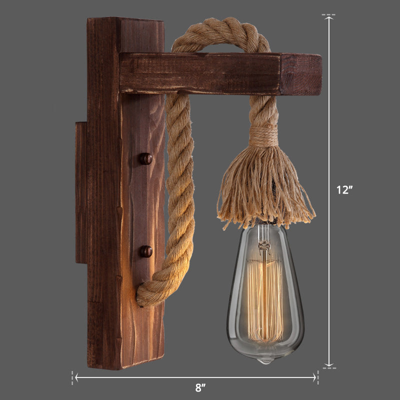 Sikunuo | Wooden L-shaped Wall Support Lantern Farmhouse 1 Lamp Bedroom Wall Lamp with Rope Arm