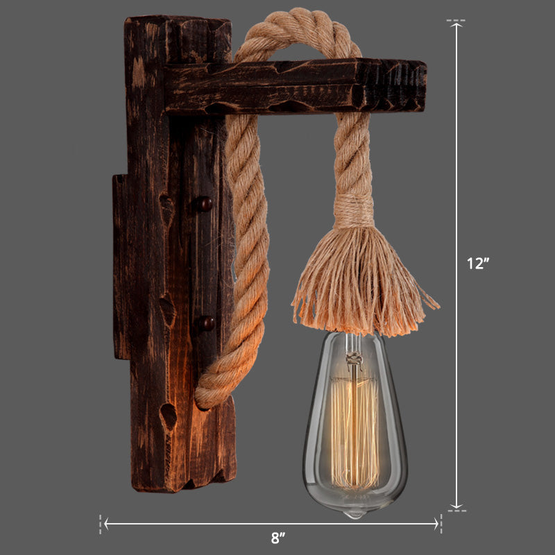 Sikunuo | Wooden L-shaped Wall Support Lantern Farmhouse 1 Lamp Bedroom Wall Lamp with Rope Arm