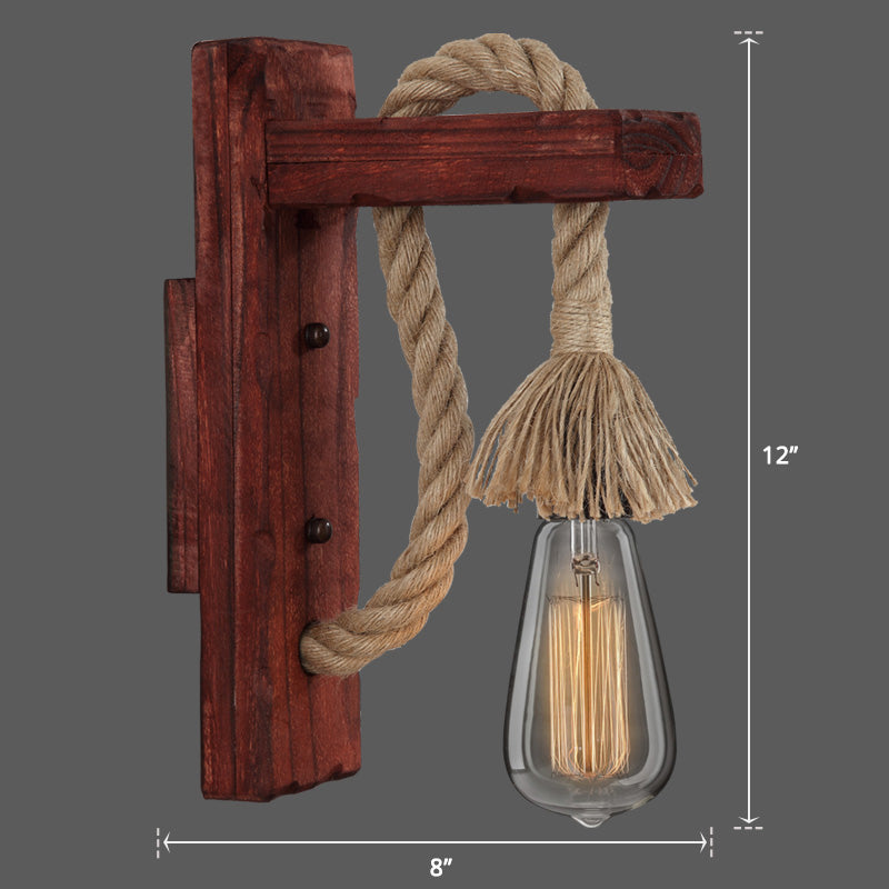 Sikunuo | Wooden L-shaped Wall Support Lantern Farmhouse 1 Lamp Bedroom Wall Lamp with Rope Arm