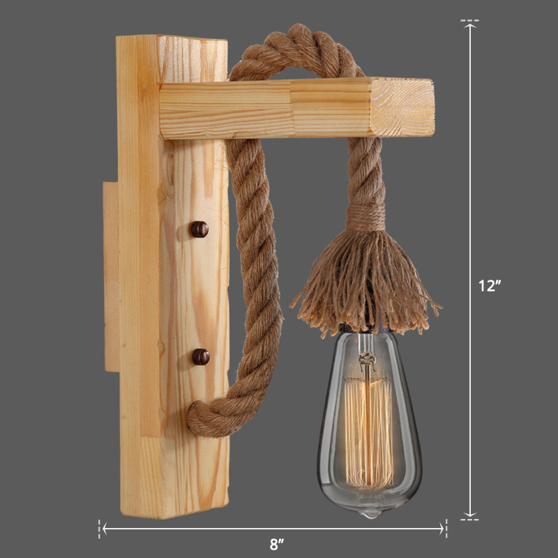Sikunuo | Wooden L-shaped Wall Support Lantern Farmhouse 1 Lamp Bedroom Wall Lamp with Rope Arm