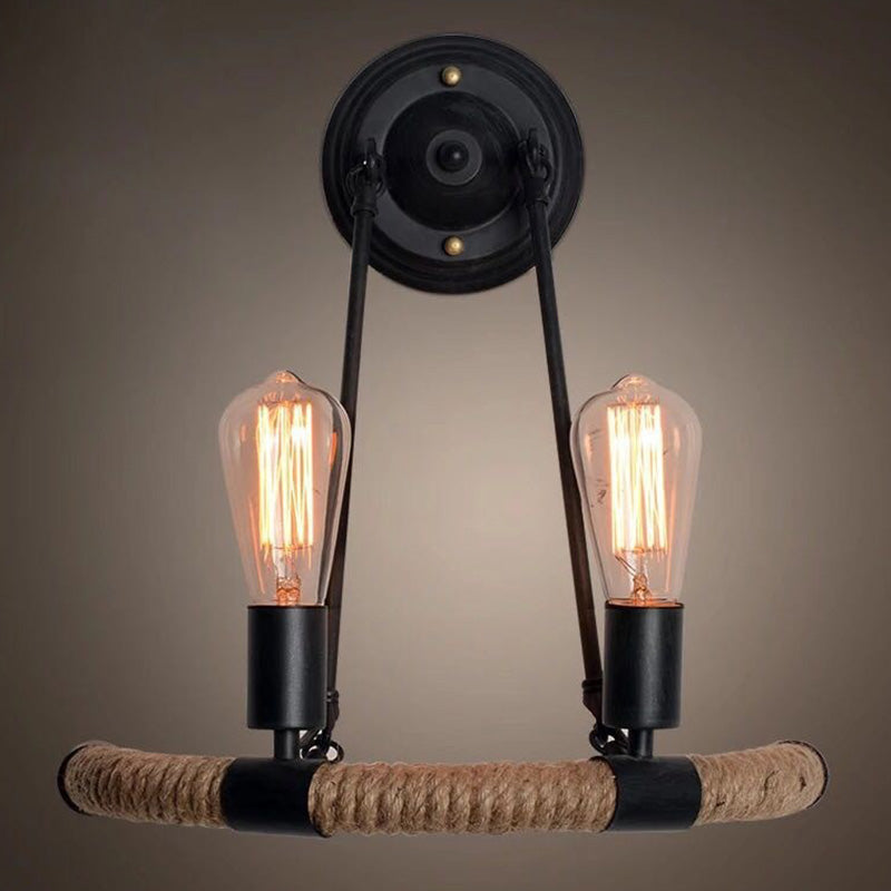 Sikunuo | 2-Head Bow Wall Light Industrial Design Black Hemp Rope Wall Lighting Fixture for Restaurant