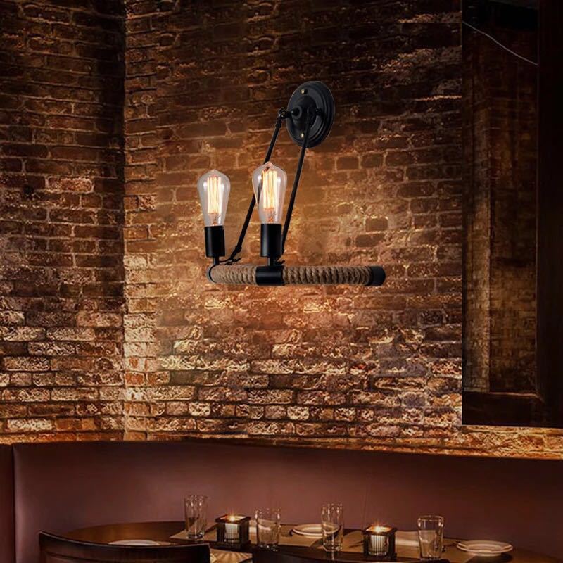 Sikunuo | 2-Head Bow Wall Light Industrial Design Black Hemp Rope Wall Lighting Fixture for Restaurant
