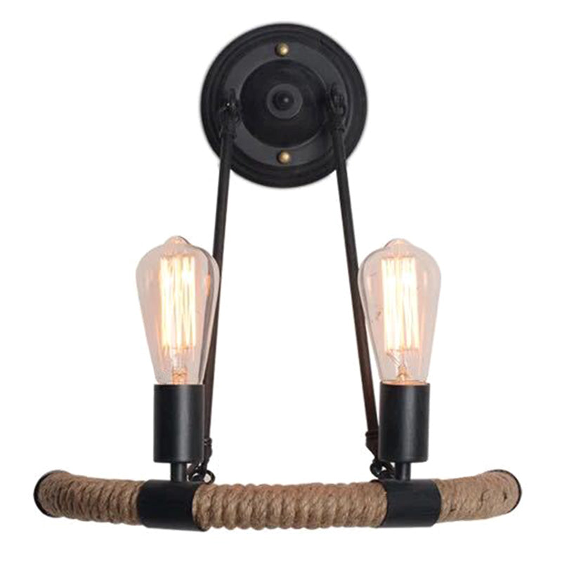 Sikunuo | 2-Head Bow Wall Light Industrial Design Black Hemp Rope Wall Lighting Fixture for Restaurant