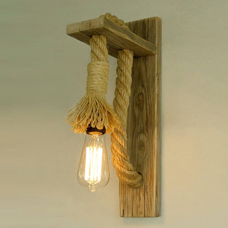 Sikunuo | Single Bulb Wall Light Rustic Open Bulb Rope Wall Light with Wood Holder