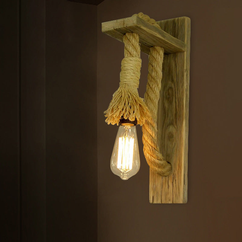 Sikunuo | Single Bulb Wall Light Rustic Open Bulb Rope Wall Light with Wood Holder