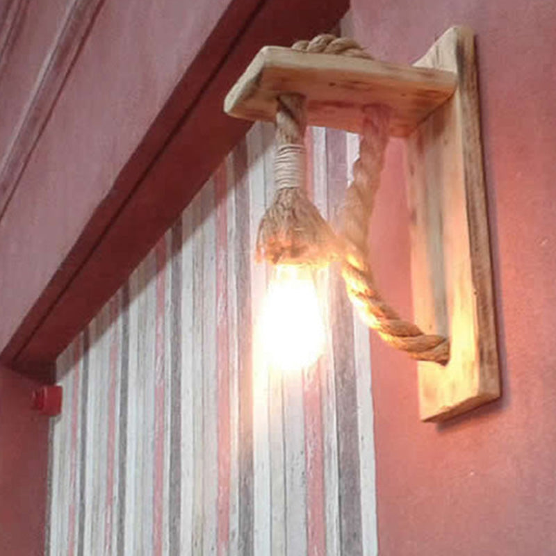 Sikunuo | Single Bulb Wall Light Rustic Open Bulb Rope Wall Light with Wood Holder