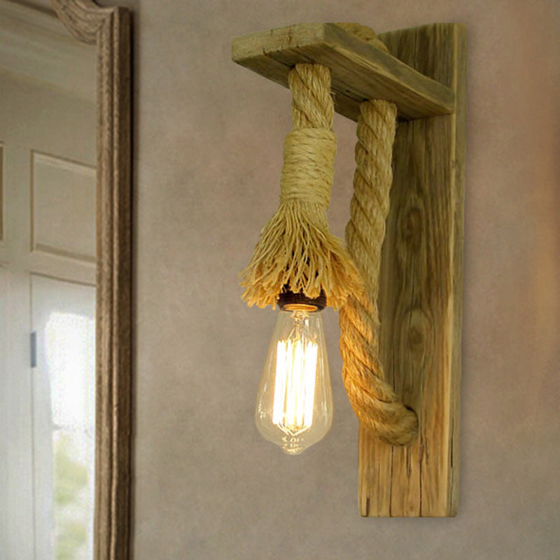 Sikunuo | Single Bulb Wall Light Rustic Open Bulb Rope Wall Light with Wood Holder
