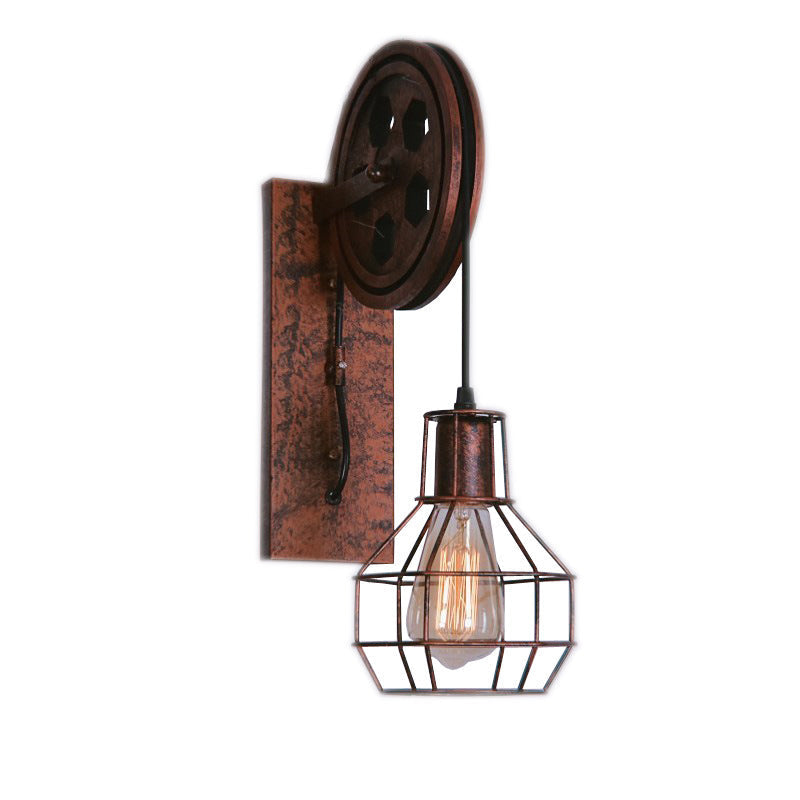 Sikunuo | Spherical Wire Cage Foyer Wall Lamp Rustic Iron 1-Light Bedroom Wall Mount Lamp with Pulley